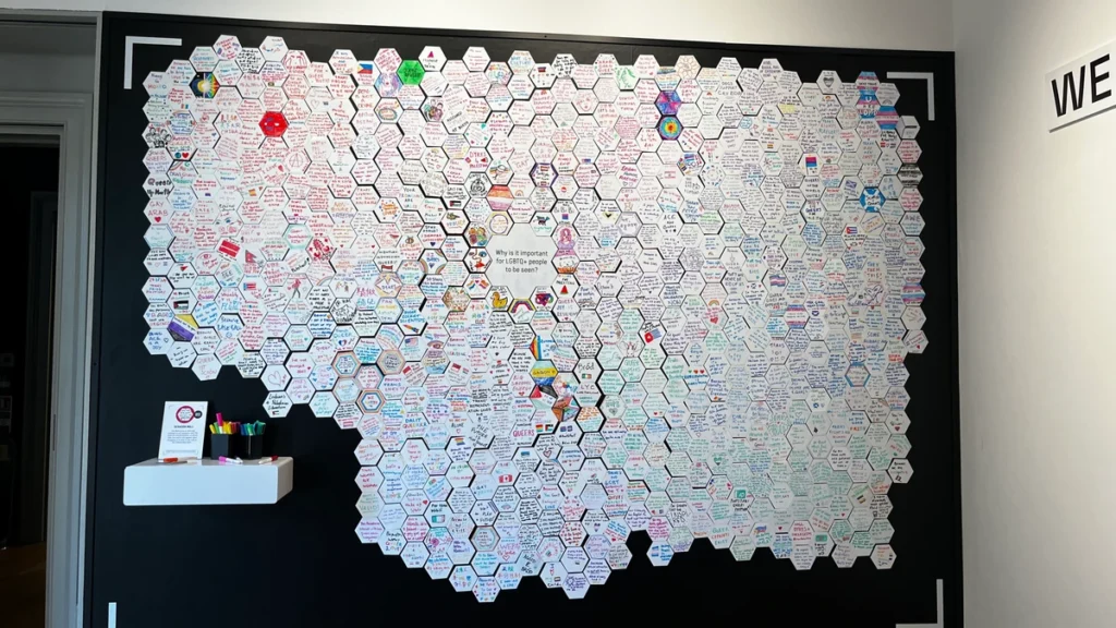 Visitor feedback wall at Queer Britain, the national LGBTQ+ museum