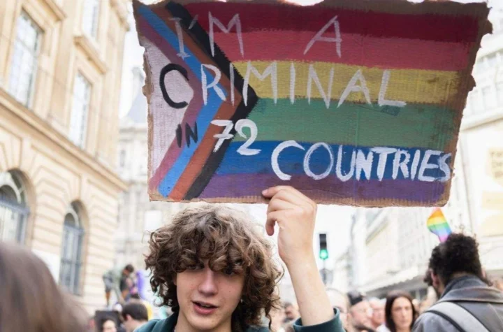 A marcher holds a hand-painted Progress Pride sign at a Pride march in Paris